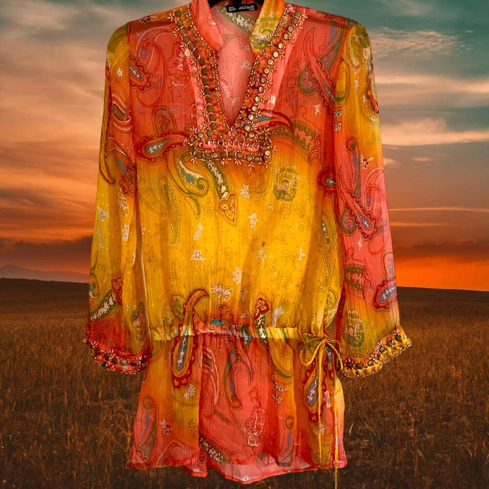 Lady's Bohemian Sheer Tunic Top by Paradise (XS); Orange & Yellow Chiffon;Beaded